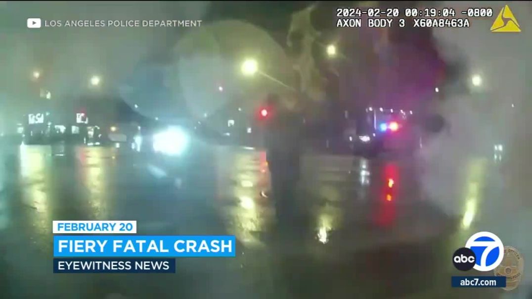⁣Bodycam video shows LAPD rush to save teens in fiery Encino crash